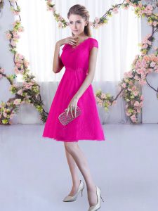 Glittering Hot Pink Lace Up V-neck Lace Court Dresses for Sweet 16 Lace Cap Sleeves