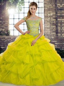 Off The Shoulder Sleeveless Brush Train Lace Up Quinceanera Dresses Yellow Green Tulle