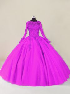 Colorful Purple Scalloped Neckline Lace and Appliques Quinceanera Gowns Long Sleeves Zipper