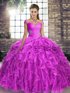 Organza Sleeveless Vestidos de Quinceanera Brush Train and Beading and Ruffles