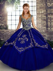 Modest Straps Sleeveless Vestidos de Quinceanera Floor Length Beading and Embroidery Blue Tulle