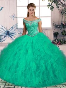 Fabulous Off The Shoulder Sleeveless Quinceanera Gowns Brush Train Beading and Ruffles Turquoise Tulle
