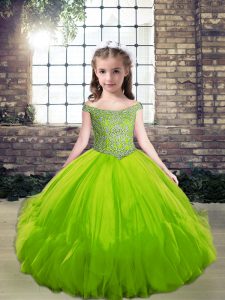 Green Lace Up Off The Shoulder Beading Little Girl Pageant Gowns Tulle Sleeveless