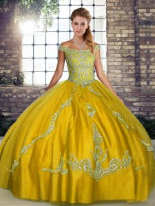 Floor Length Gold 15th Birthday Dress Off The Shoulder Sleeveless Lace Up