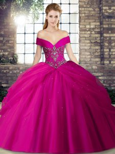 Captivating Off The Shoulder Sleeveless Tulle Quinceanera Dress Beading and Pick Ups Brush Train Lace Up