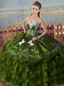 Olive Green Ball Gowns Embroidery and Ruffles Quince Ball Gowns Lace Up Satin Sleeveless Floor Length