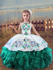 High Class Turquoise Scoop Neckline Embroidery and Ruffles Little Girl Pageant Dress Sleeveless Lace Up