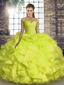 Elegant Floor Length Yellow Ball Gown Prom Dress Organza Sleeveless Beading and Ruffles