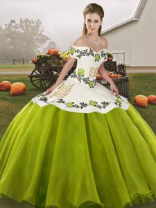 Organza Off The Shoulder Sleeveless Lace Up Embroidery 15 Quinceanera Dress in Olive Green