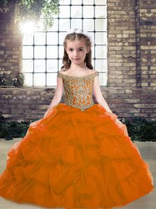 Custom Fit Organza Off The Shoulder Sleeveless Lace Up Beading Kids Formal Wear in Orange Red