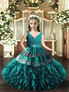Customized V-neck Sleeveless Backless Pageant Gowns For Girls Teal Organza