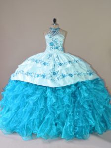 Vintage Aqua Blue Halter Top Lace Up Embroidery and Ruffles Quinceanera Gown Court Train Sleeveless