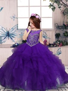 Excellent Sleeveless Organza Floor Length Zipper Girls Pageant Dresses in Purple with Beading and Ruffles
