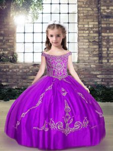 Purple Ball Gowns Off The Shoulder Sleeveless Tulle Floor Length Lace Up Beading Pageant Dress Wholesale
