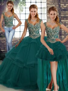 Deluxe Floor Length Lace Up Ball Gown Prom Dress Peacock Green for Military Ball and Sweet 16 and Quinceanera with Beading and Ruffles