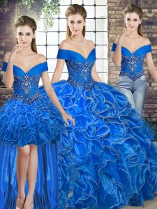 Off The Shoulder Sleeveless Lace Up Quinceanera Gown Royal Blue Organza