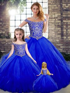 Tulle Off The Shoulder Sleeveless Lace Up Beading and Ruffles Sweet 16 Dresses in Royal Blue