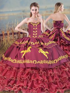 Fine Sweetheart Sleeveless Quinceanera Gowns Brush Train Embroidery and Ruffled Layers Burgundy Satin and Organza