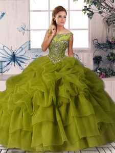 Stunning Beading and Pick Ups 15 Quinceanera Dress Olive Green Zipper Sleeveless Brush Train