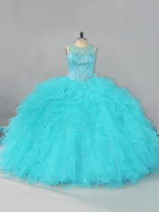 Sleeveless Tulle Floor Length Lace Up 15th Birthday Dress in Aqua Blue with Beading and Ruffles