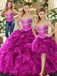 Flirting Fuchsia Lace Up Sweetheart Beading and Ruffles 15 Quinceanera Dress Organza Sleeveless