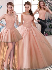Gorgeous Off The Shoulder Sleeveless Sweet 16 Quinceanera Dress Brush Train Beading Peach Tulle