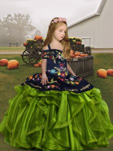 Olive Green Straps Neckline Embroidery and Ruffles Little Girl Pageant Dress Sleeveless Lace Up