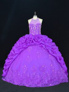 Fashion Beading and Appliques and Embroidery and Pick Ups Sweet 16 Quinceanera Dress Purple Lace Up Sleeveless Floor Length