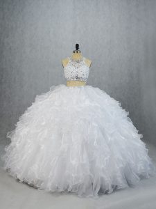 Admirable Brush Train Two Pieces 15 Quinceanera Dress White Scoop Organza Sleeveless Lace Up