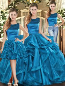 Teal Organza Lace Up Scoop Sleeveless Floor Length Quince Ball Gowns Ruffles