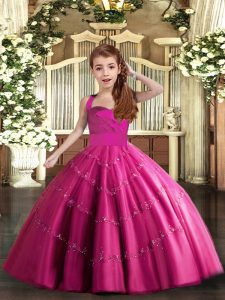 Glorious Fuchsia Sleeveless Floor Length Beading Lace Up Pageant Dress