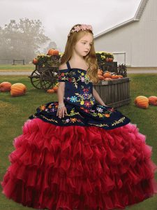 Red Lace Up Kids Pageant Dress Embroidery Sleeveless Floor Length