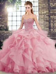 Tulle Sleeveless Sweet 16 Quinceanera Dress Brush Train and Beading and Ruffles