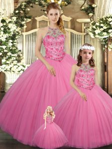 Tulle Halter Top Sleeveless Lace Up Beading Quince Ball Gowns in Rose Pink