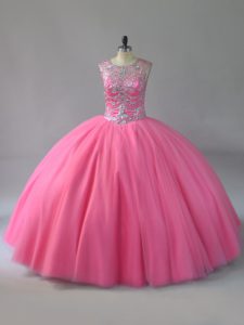 Cheap Pink Lace Up Scoop Sleeveless 15th Birthday Dress Beading