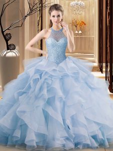 Sleeveless Beading and Ruffles Lace Up Sweet 16 Dresses with Blue Brush Train
