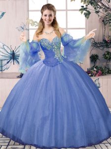 Blue Sleeveless Tulle Lace Up Quinceanera Gowns for Sweet 16 and Quinceanera