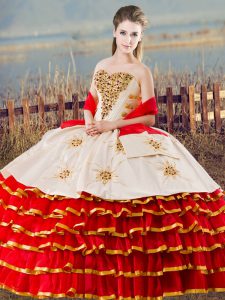 Enchanting White And Red Sleeveless Floor Length Beading and Ruffled Layers Lace Up Quinceanera Dresses