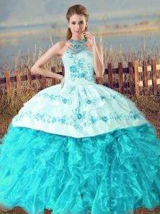 Aqua Blue Quinceanera Dress Sweet 16 and Quinceanera with Embroidery and Ruffles Halter Top Sleeveless Court Train Lace Up