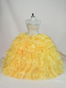 Customized Gold Ball Gowns Organza Sweetheart Sleeveless Beading and Ruffles Floor Length Lace Up Quinceanera Gowns