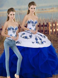 Royal Blue Tulle Lace Up Sweetheart Sleeveless Floor Length Sweet 16 Dress Embroidery and Ruffles and Bowknot