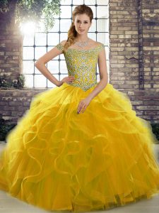 Sleeveless Beading and Ruffles Lace Up Quinceanera Gowns with Gold Brush Train