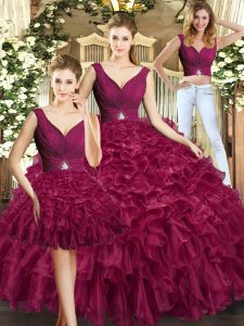 Artistic Ball Gowns Sweet 16 Quinceanera Dress Burgundy V-neck Organza Sleeveless Floor Length Backless