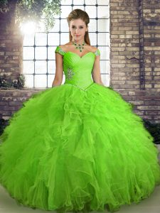 Tulle Lace Up Off The Shoulder Sleeveless Floor Length Quinceanera Gowns Beading and Ruffles