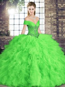 Suitable Ball Gowns Off The Shoulder Sleeveless Tulle Floor Length Lace Up Beading and Ruffles Sweet 16 Dress