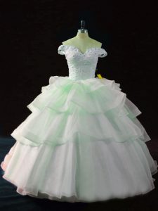 Beautiful Apple Green Off The Shoulder Lace Up Beading and Ruffled Layers Ball Gown Prom Dress Brush Train Sleeveless