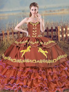 Brown Vestidos de Quinceanera Satin and Organza Brush Train Sleeveless Embroidery and Ruffled Layers