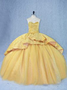 Gold Lace Up Quince Ball Gowns Beading and Appliques Sleeveless Court Train