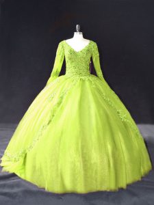 Hot Selling Yellow Green Lace Up V-neck Lace and Appliques Ball Gown Prom Dress Tulle Long Sleeves