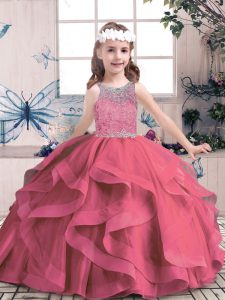 Fancy Red Tulle Lace Up Scoop Sleeveless Floor Length Girls Pageant Dresses Beading and Ruffles